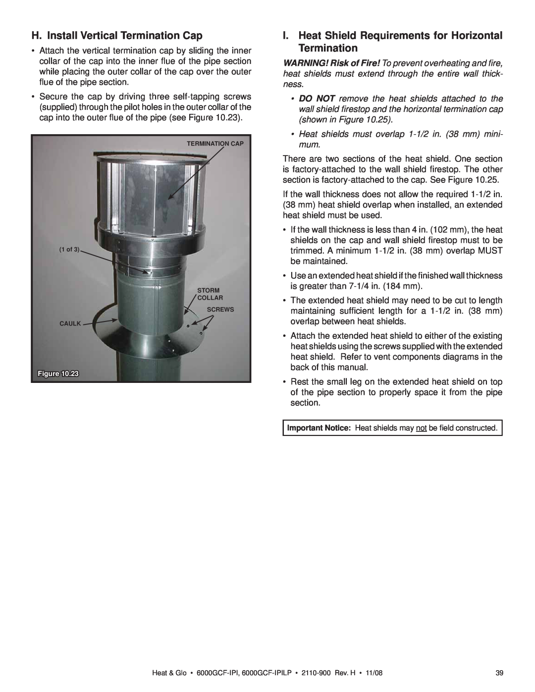 Hearth and Home Technologies 6000GCF-IPIL owner manual H. Install Vertical Termination Cap 