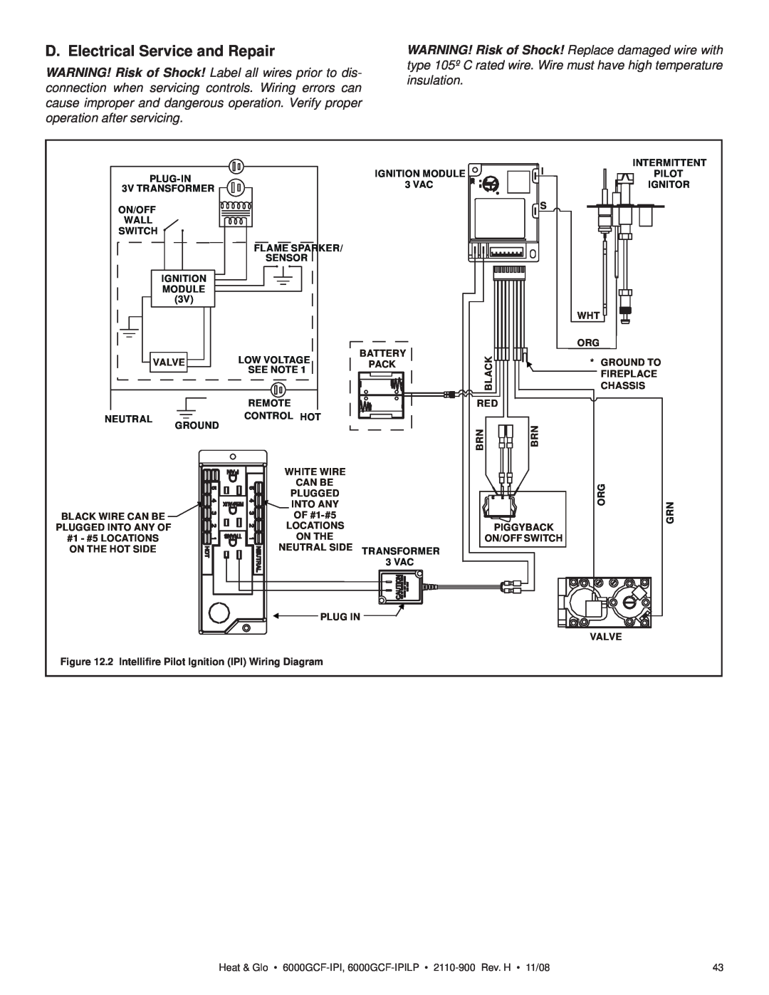 Hearth and Home Technologies 6000GCF-IPI D. Electrical Service and Repair, 2 Intelliﬁre Pilot Ignition IPI Wiring Diagram 