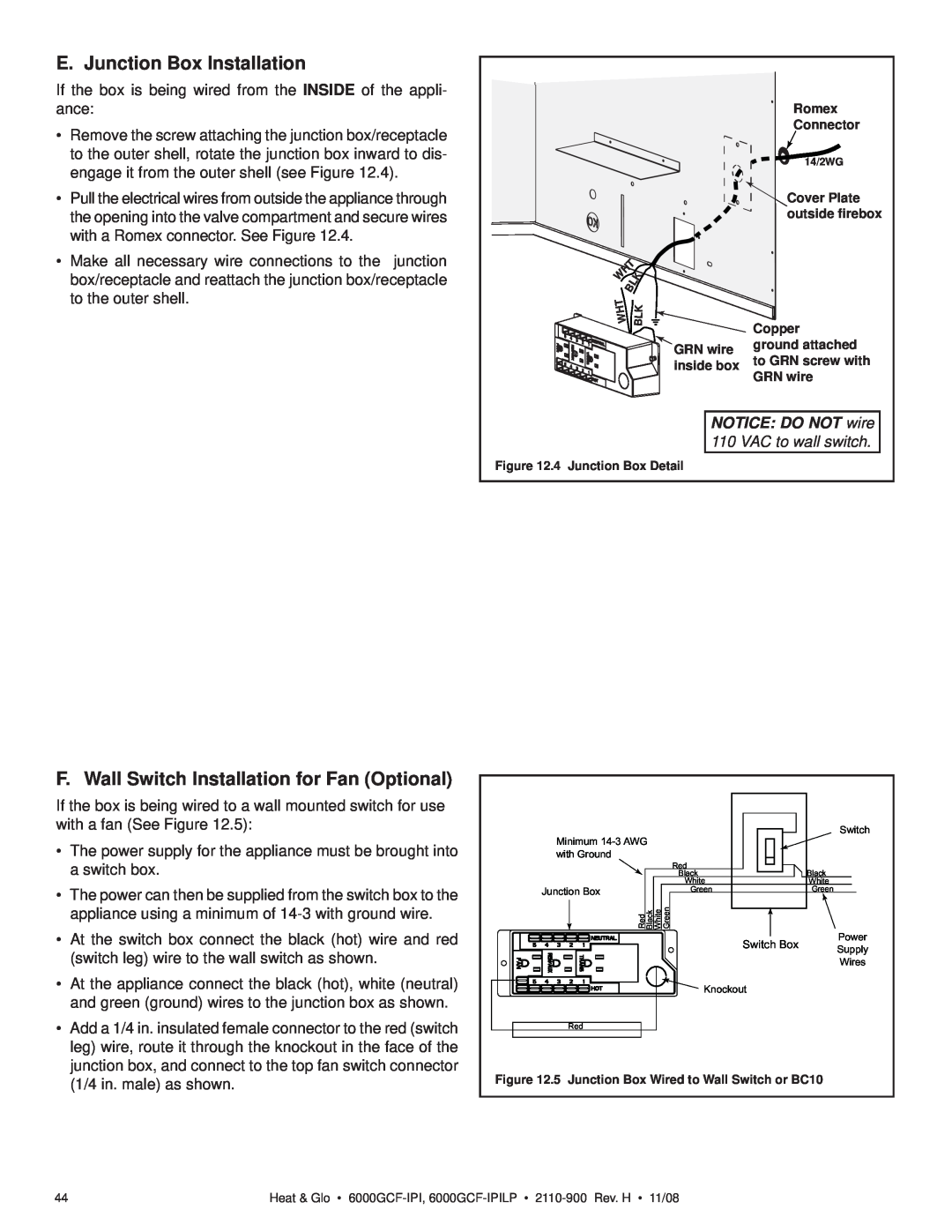 Hearth and Home Technologies 6000GCF-IPIL E. Junction Box Installation, F. Wall Switch Installation for Fan Optional 