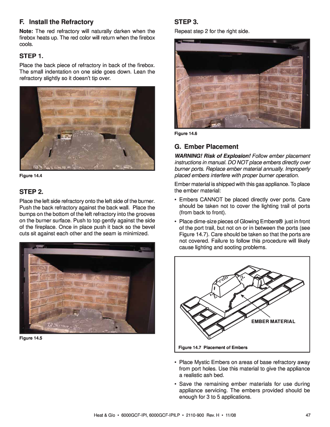 Hearth and Home Technologies 6000GCF-IPIL owner manual F. Install the Refractory, Step, G. Ember Placement 