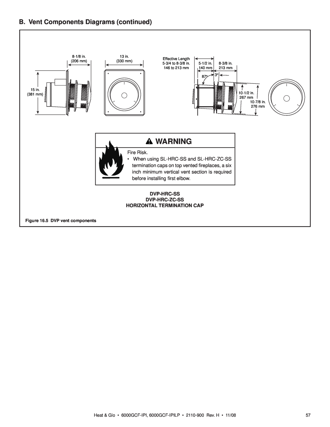 Hearth and Home Technologies 6000GCF-IPI B. Vent Components Diagrams continued, Fire Risk, before installing ﬁrst elbow 