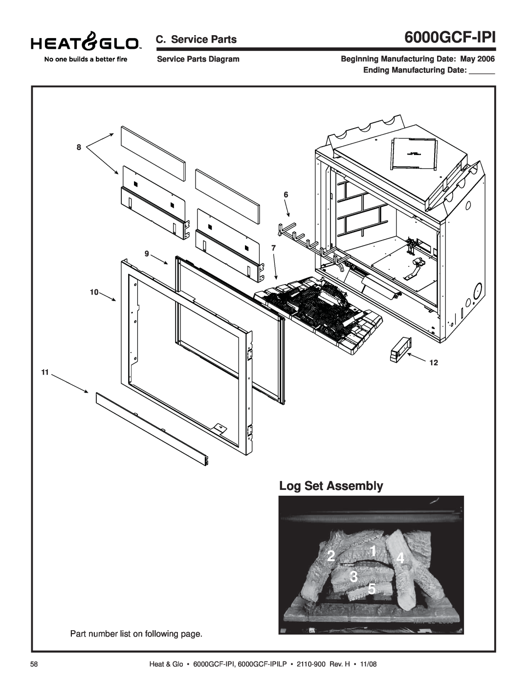Hearth and Home Technologies 6000GCF-IPIL owner manual Log Set Assembly, C. Service Parts, Service Parts Diagram 