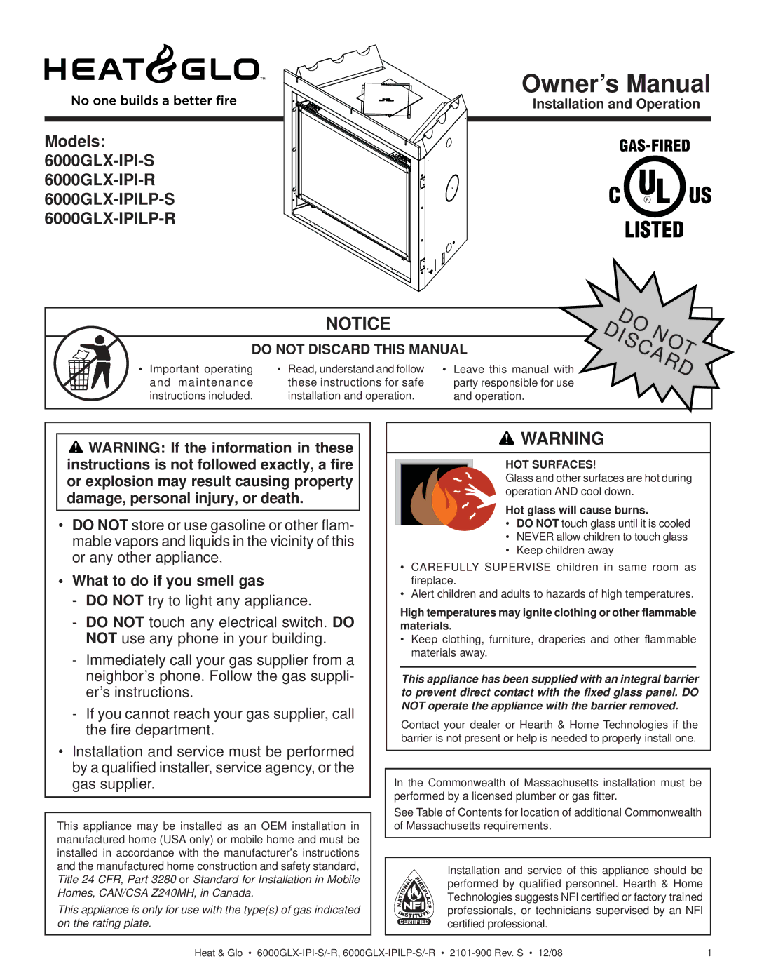 Hearth and Home Technologies 6000GLX-IPI-R owner manual What to do if you smell gas, Hot glass will cause burns 