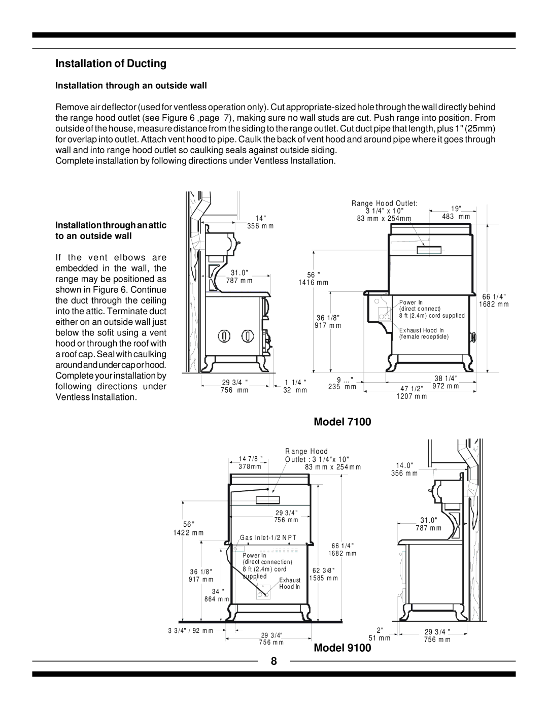 Hearth and Home Technologies 7100, 9100 manual Installation of Ducting, Model, Installation through an outside wall 