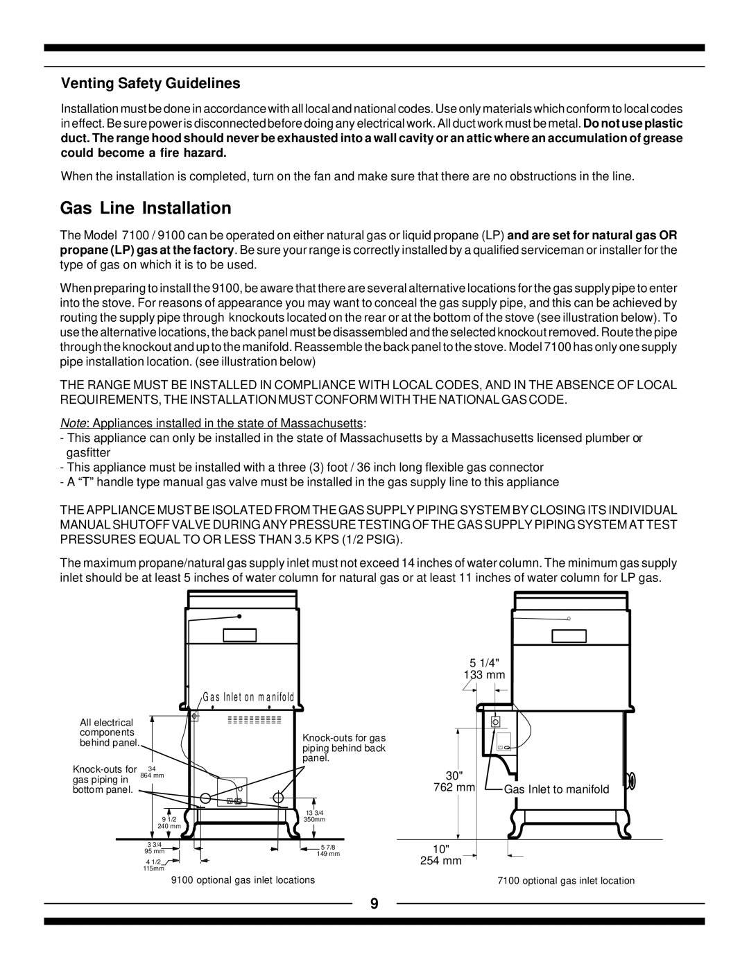 Hearth and Home Technologies 9100, 7100 manual Gas Line Installation, Venting Safety Guidelines 