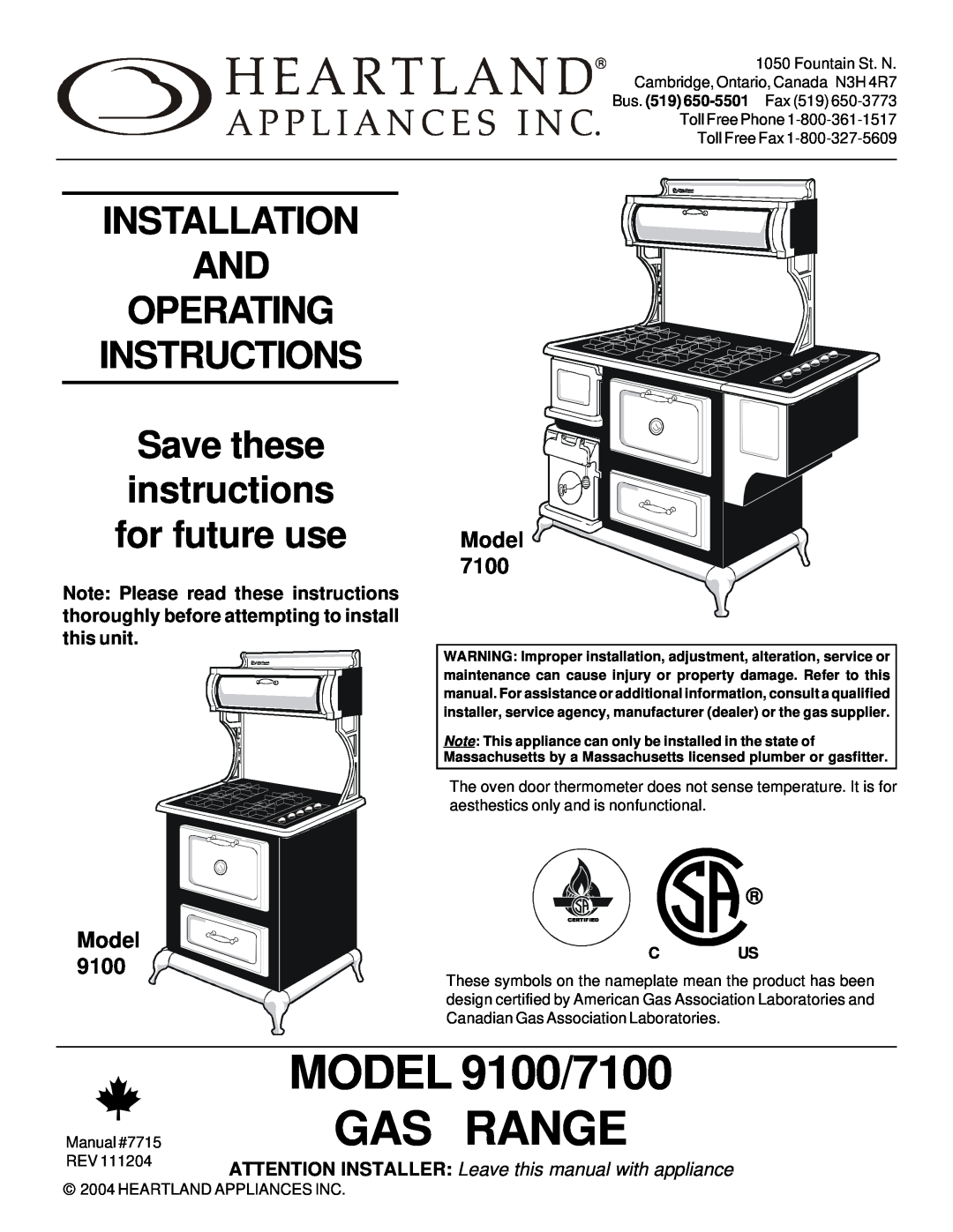 Hearth and Home Technologies manual Installation And Operating Instructions, Model, MODEL 9100/7100 GAS RANGE, Bus 