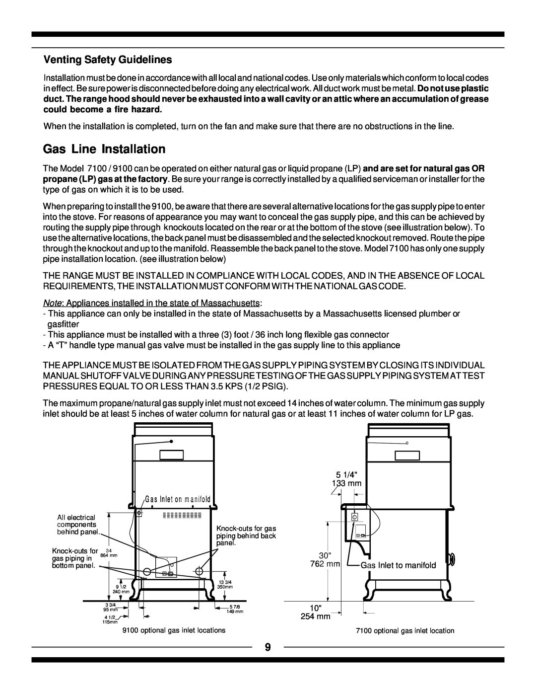 Hearth and Home Technologies 9100, 7100 manual Gas Line Installation, Venting Safety Guidelines 