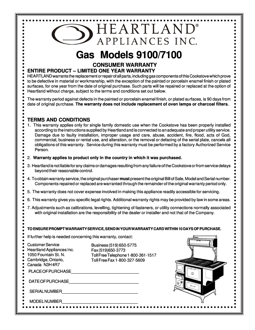 Hearth and Home Technologies manual Gas Models 9100/7100, Consumer Warranty, Entire Product - Limited One Year Warranty 