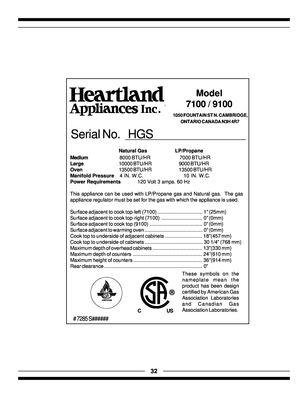 Hearth and Home Technologies 7100 Serial No. HGS, Model, Natural Gas, LP/Propane, Medium, Large, Oven, Manifold Pressure 