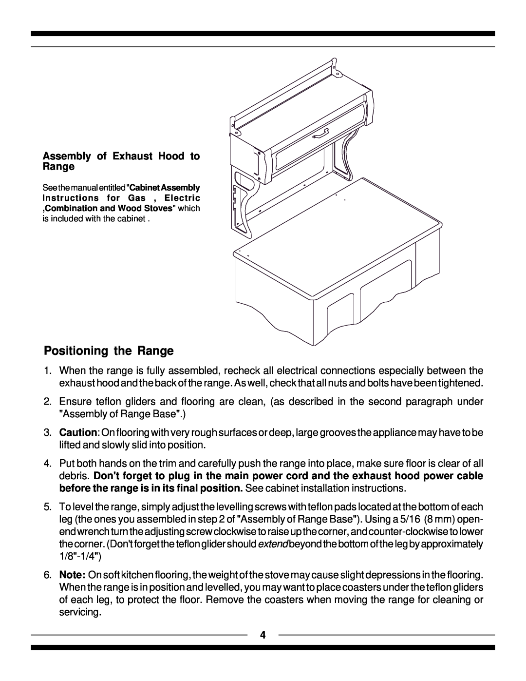 Hearth and Home Technologies 7100, 9100 manual Positioning the Range, Assembly of Exhaust Hood to Range 
