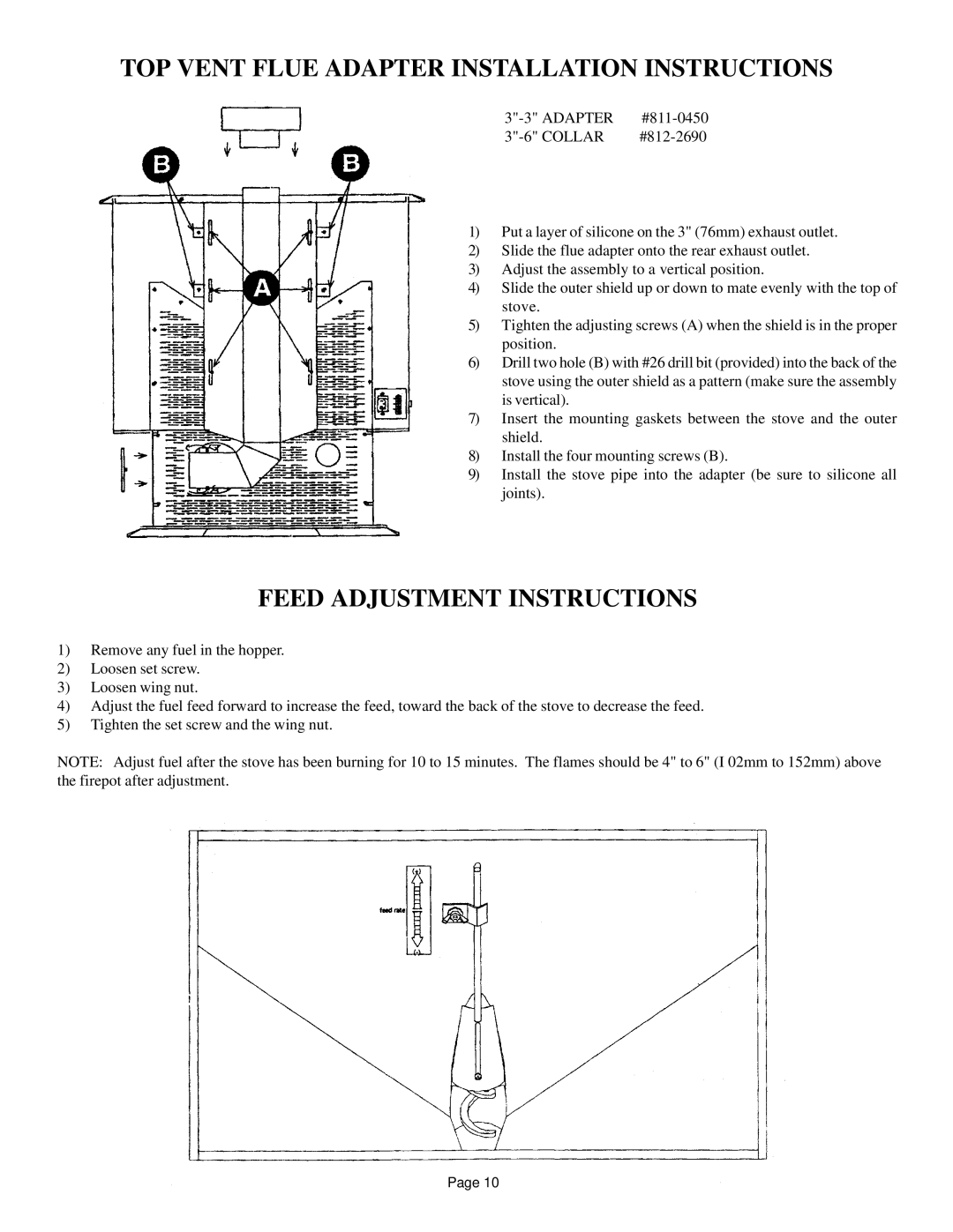 Hearth and Home Technologies 800 owner manual TOP Vent Flue Adapter Installation Instructions, Feed Adjustment Instructions 