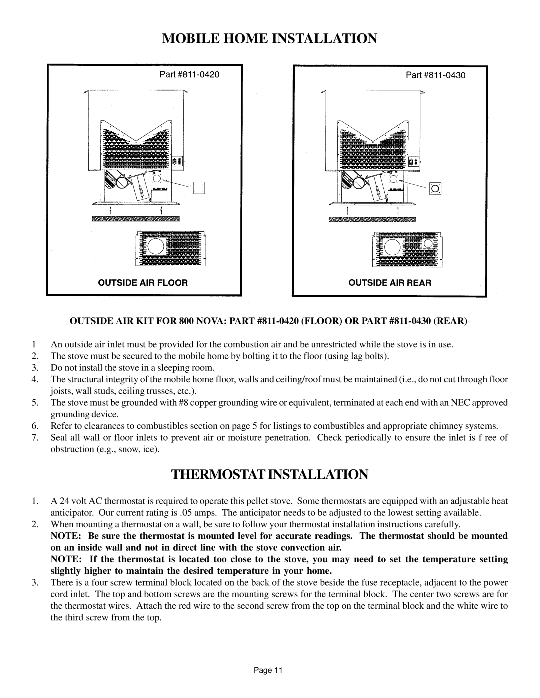 Hearth and Home Technologies 800 owner manual Mobile Home Installation, Thermostat Installation 