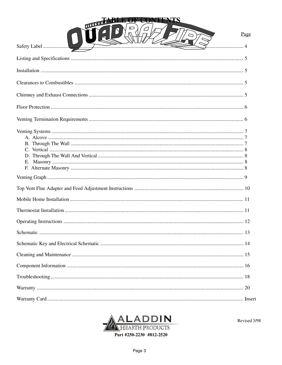 Hearth and Home Technologies 800 owner manual Table of Contents 