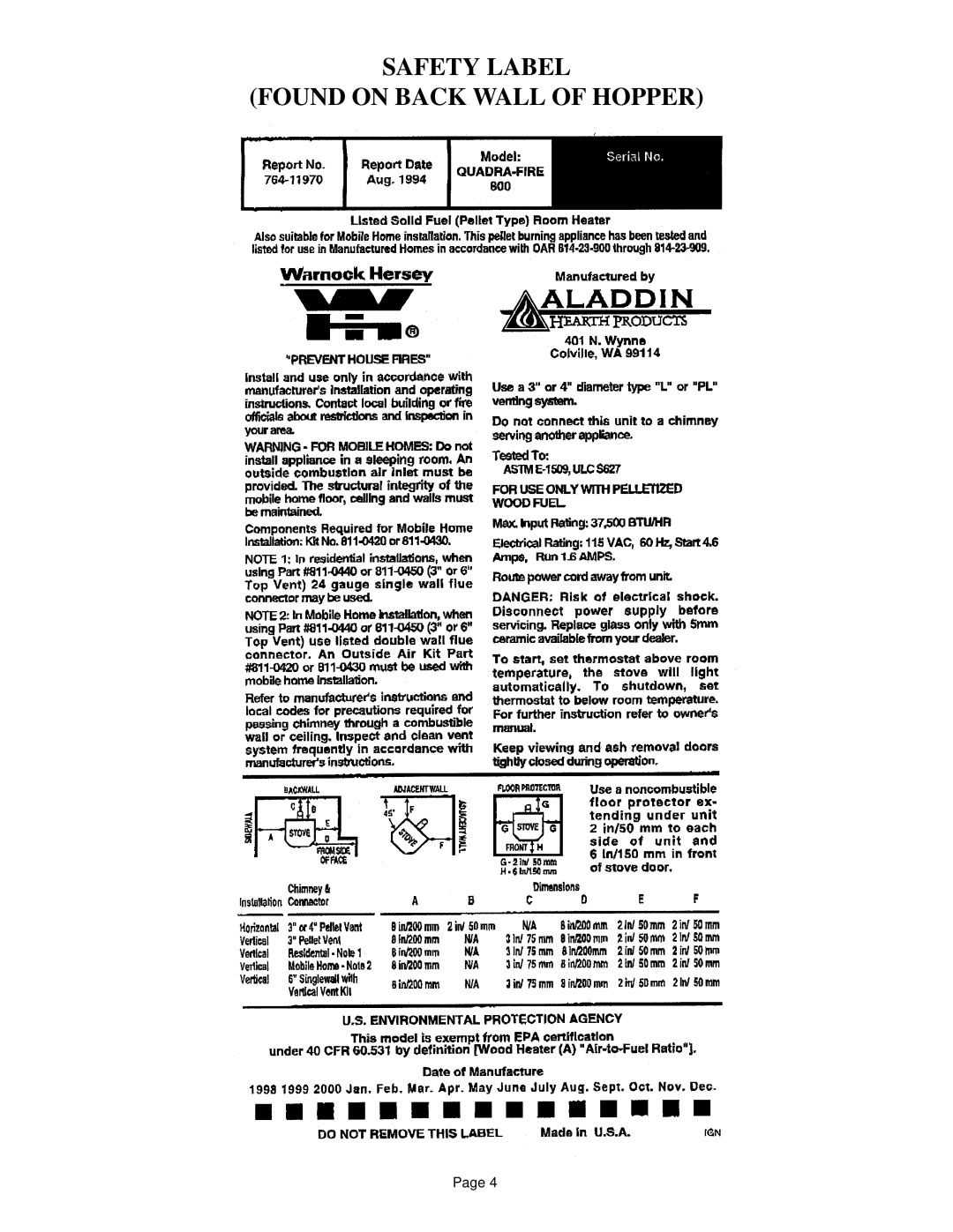 Hearth and Home Technologies 800 owner manual Safety Label Found on Back Wall of Hopper 