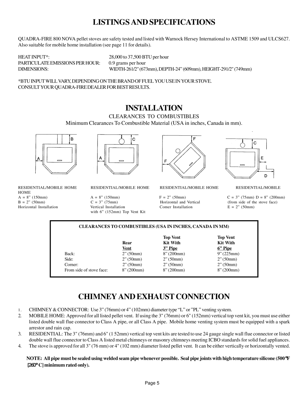 Hearth and Home Technologies 800 owner manual Listings and Specifications, Installation, Chimney and Exhaust Connection 