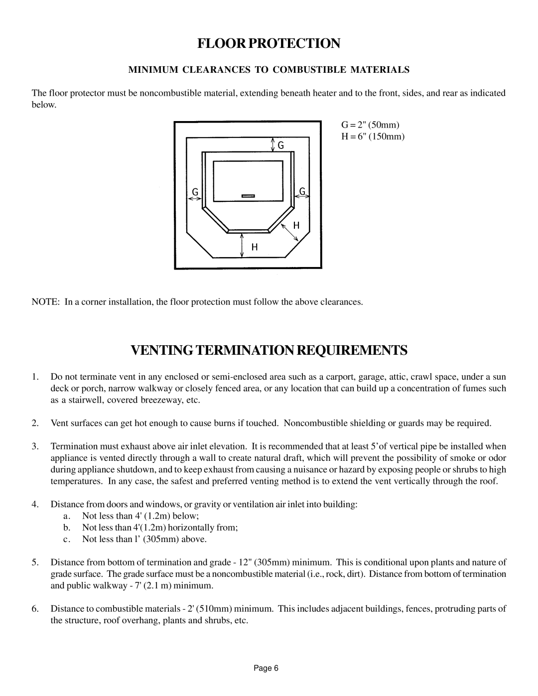 Hearth and Home Technologies 800 owner manual Floor Protection, Venting Termination Requirements 