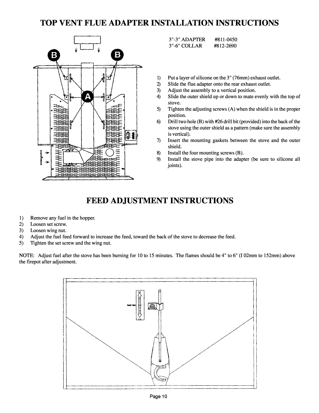 Hearth and Home Technologies 800 owner manual Top Vent Flue Adapter Installation Instructions, Feed Adjustment Instructions 