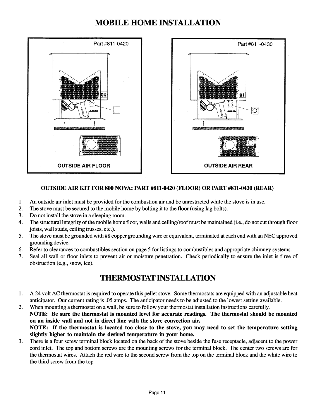 Hearth and Home Technologies 800 owner manual Mobile Home Installation, Thermostat Installation 