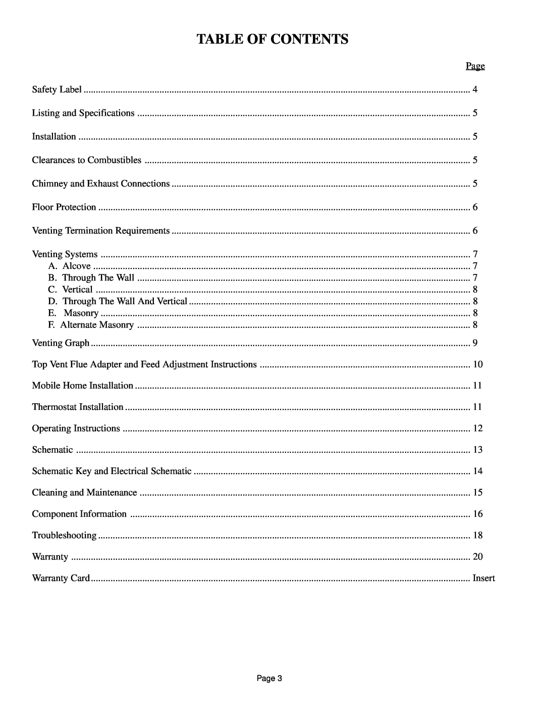 Hearth and Home Technologies 800 owner manual Table Of Contents, Page, Insert 