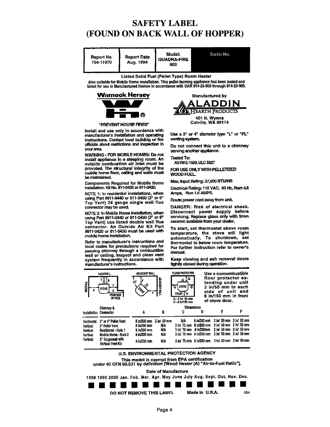 Hearth and Home Technologies 800 owner manual Safety Label Found On Back Wall Of Hopper, Page 