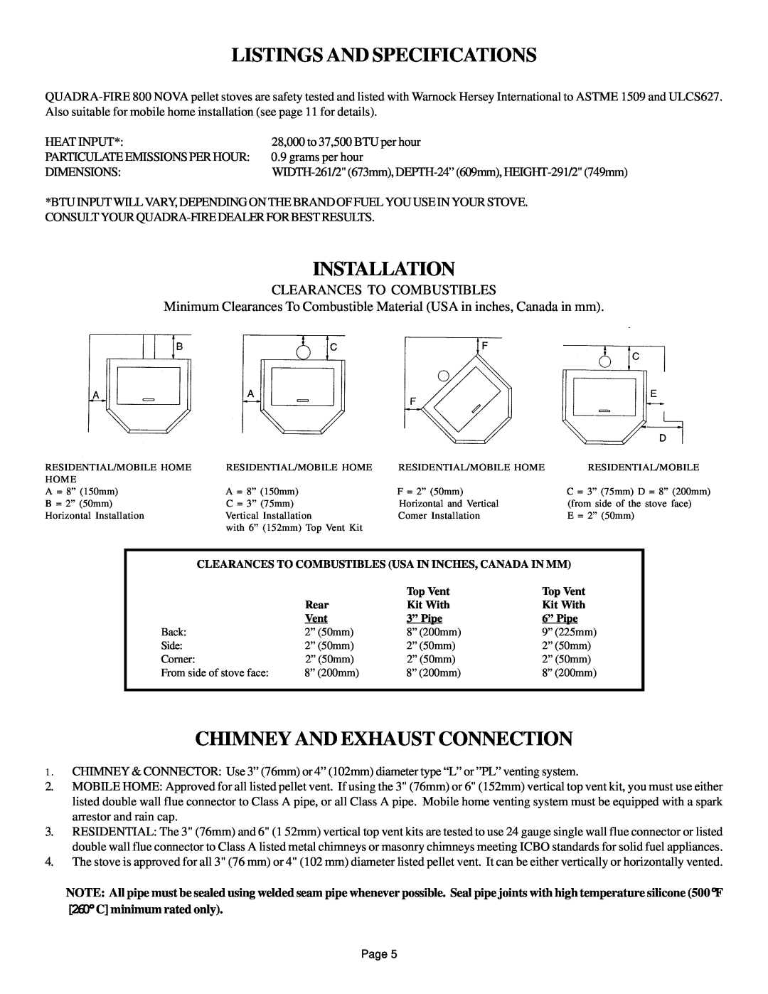 Hearth and Home Technologies 800 owner manual Listings And Specifications, Installation, Chimney And Exhaust Connection 