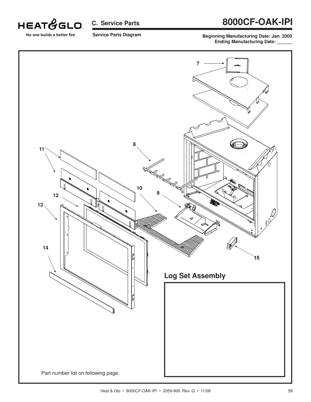 Hearth and Home Technologies 8000CFLP-OAKIPI, 8000CF-OAK-IPI owner manual Log Set Assembly, Service Parts 