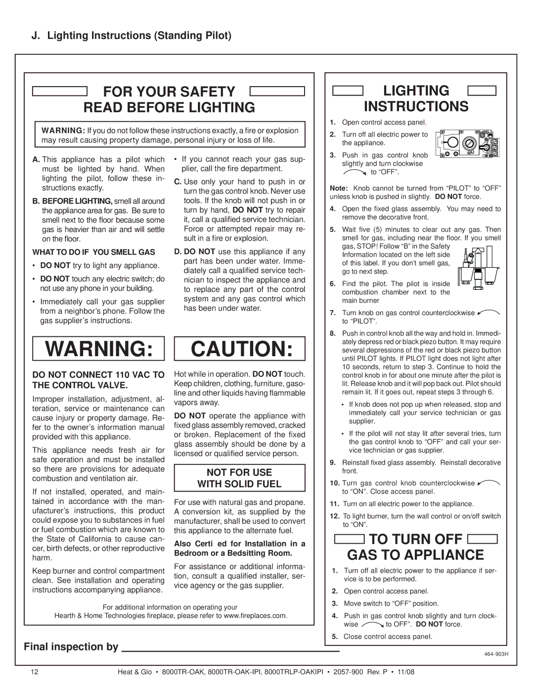 Hearth and Home Technologies 8000TRLP-OAKIPI, 8000TR-OAK For Your Safety Read Before Lighting Lighting Instructions 