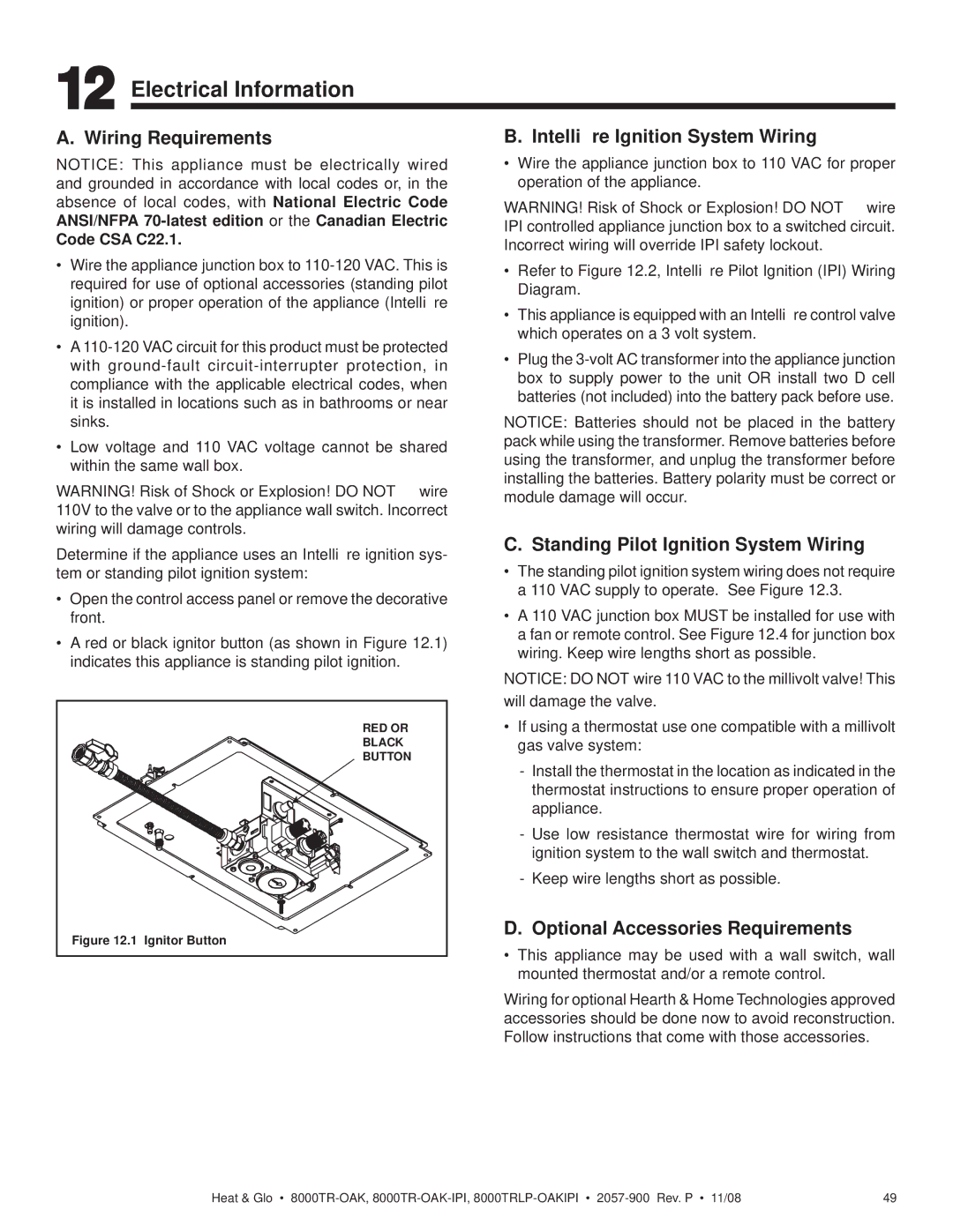 Hearth and Home Technologies 8000TR-OAK Electrical Information, Wiring Requirements, Intelliﬁre Ignition System Wiring 