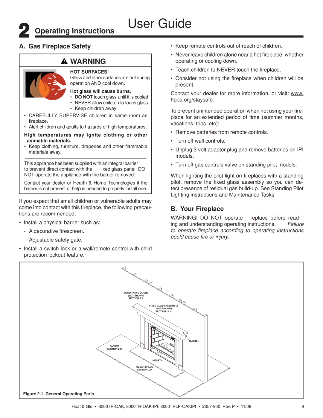 Hearth and Home Technologies 8000TRLP-OAKIPI Operating Instructions User Guide, Gas Fireplace Safety, Your Fireplace 