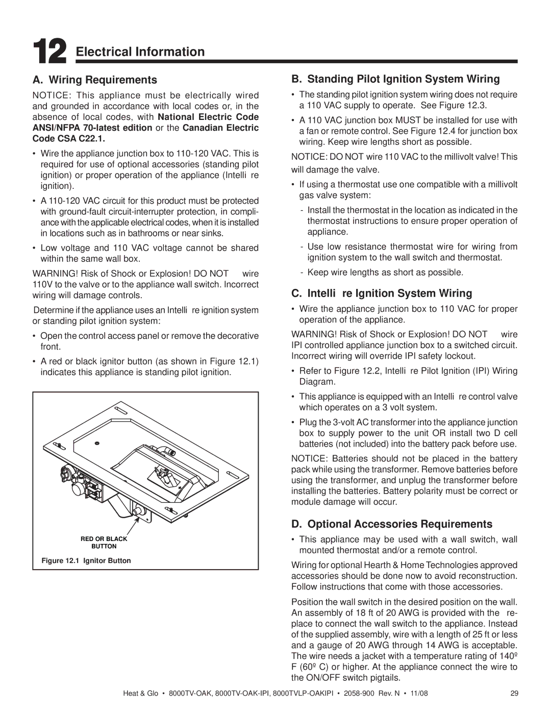 Hearth and Home Technologies 8000TV-OAK-IPI Electrical Information, Wiring Requirements, Intelliﬁre Ignition System Wiring 