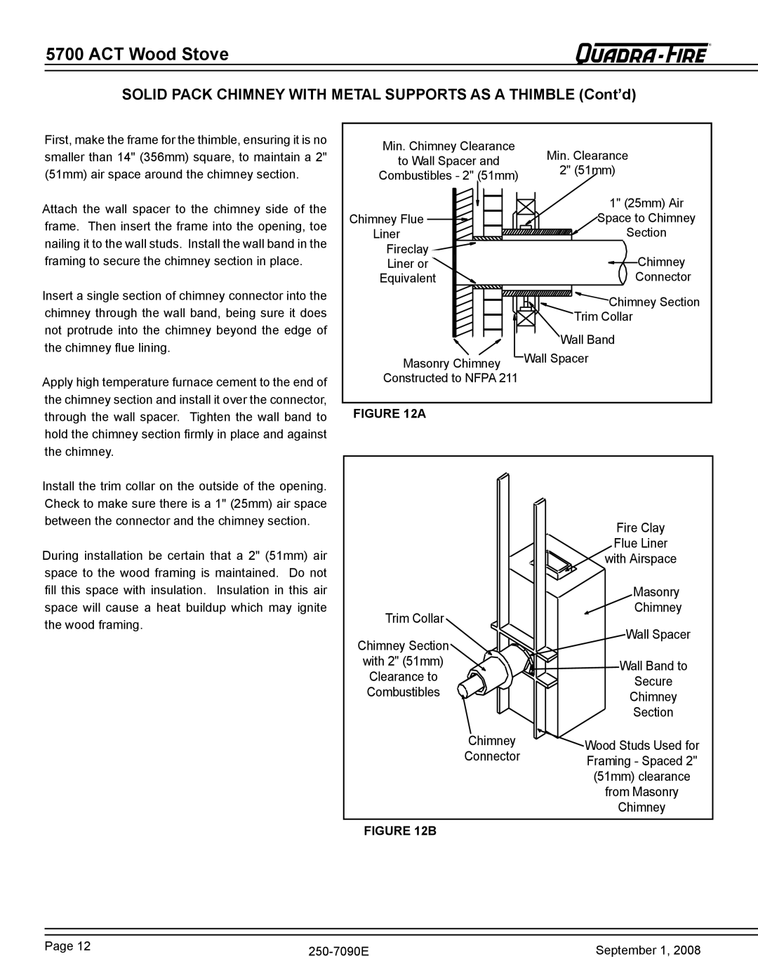 Hearth and Home Technologies 820-0721 warranty Solid Pack Chimney with Metal Supports AS a Thimble Cont’d 