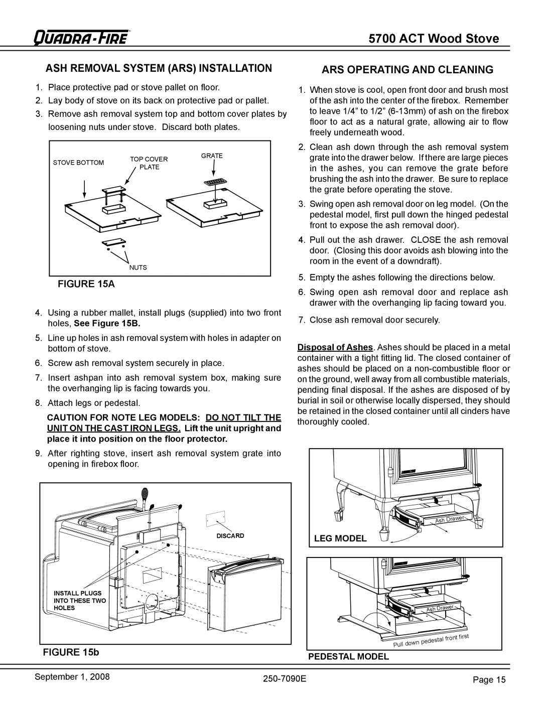 Hearth and Home Technologies 820-0721 warranty ASH Removal System ARS Installation, ARS Operating and Cleaning, LEG Model 