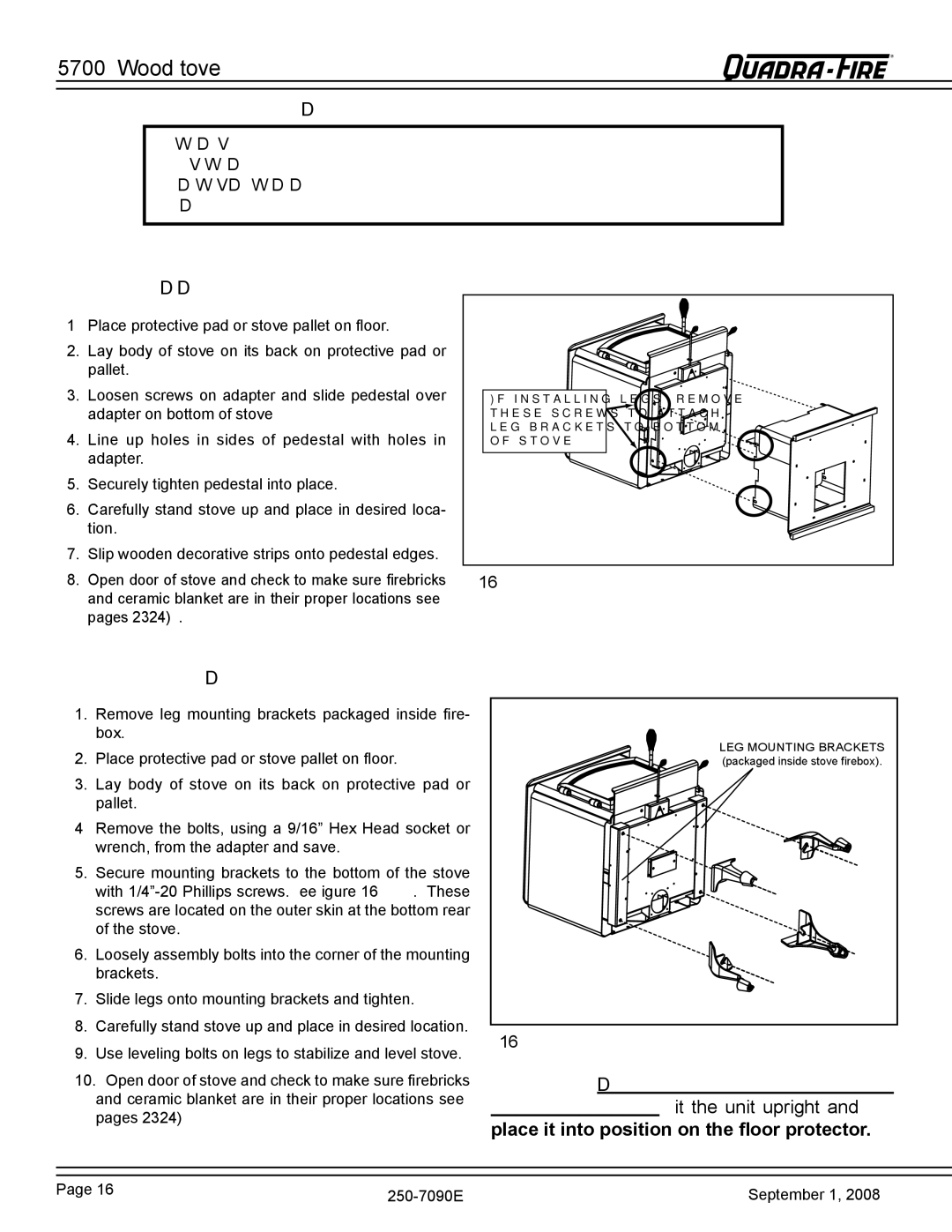 Hearth and Home Technologies 820-0721 warranty Pedestal or LEG KIT Installation Pedestal Model, LEG Model 