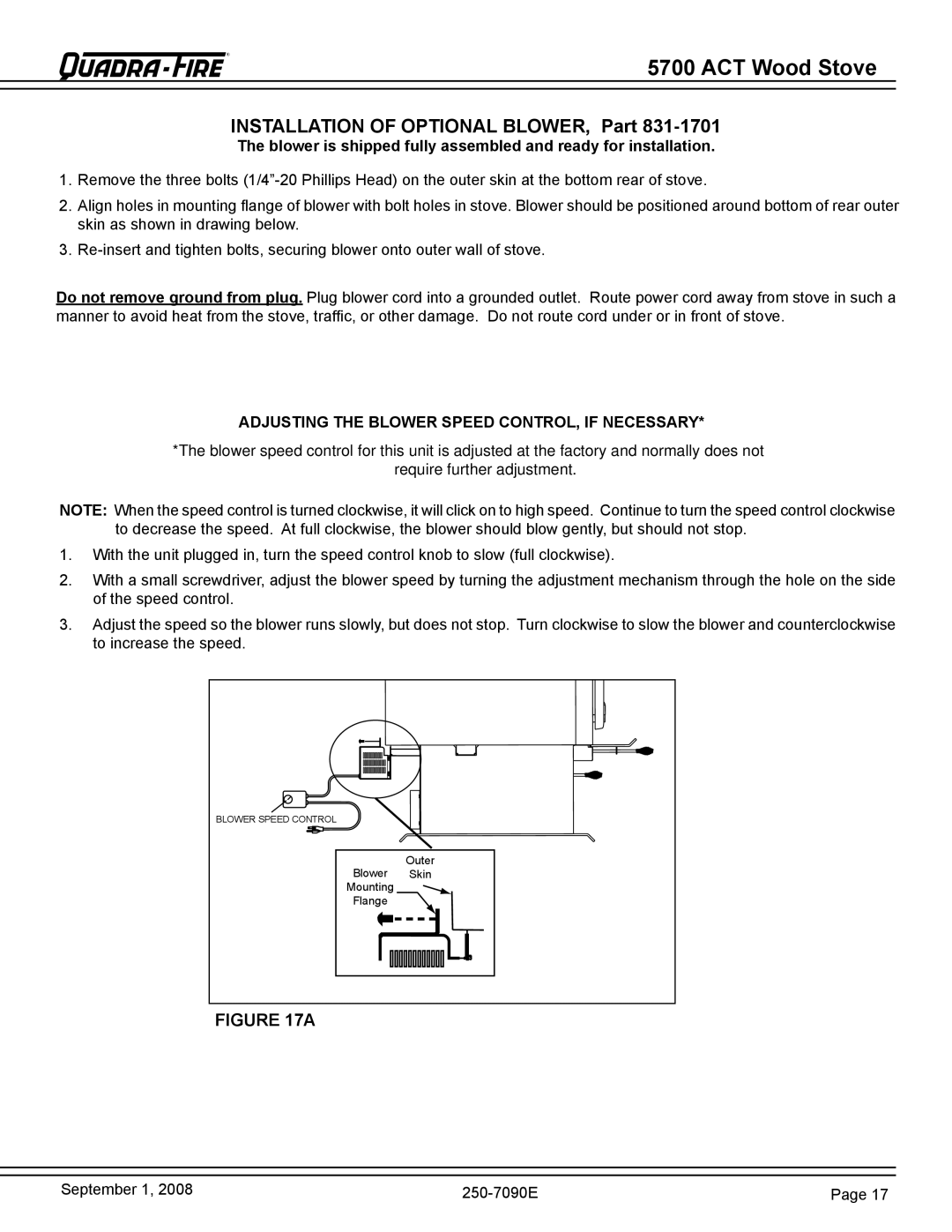 Hearth and Home Technologies 820-0721 warranty Installation of Optional BLOWER, Part 