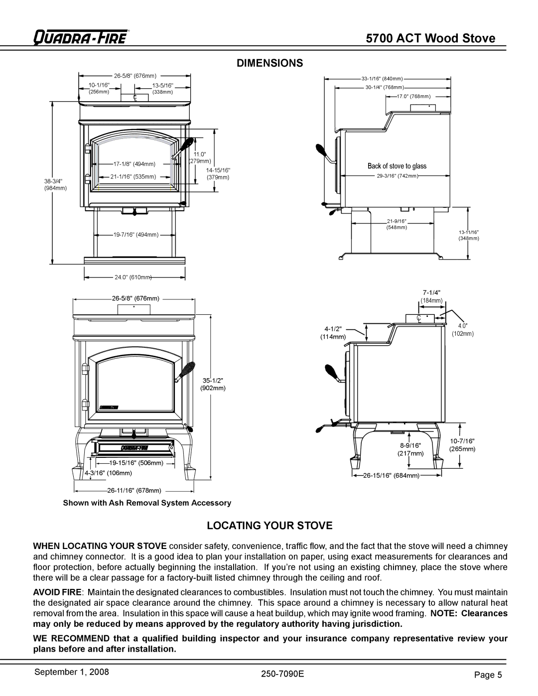 Hearth and Home Technologies 820-0721 warranty Dimensions, Locating Your Stove 