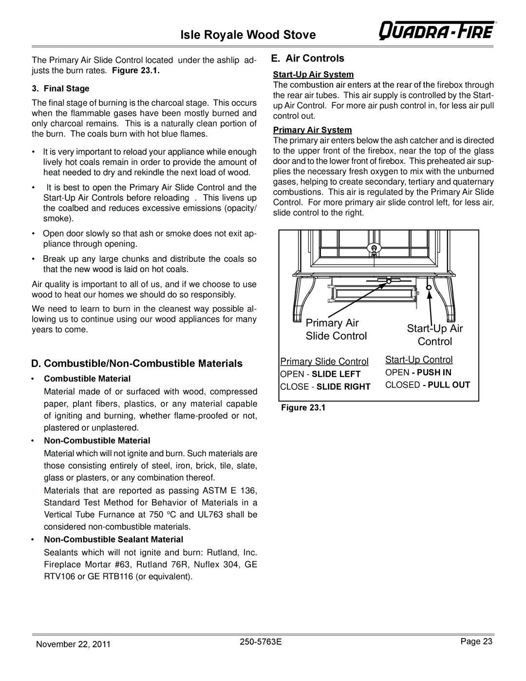 Hearth and Home Technologies 823-0170 - MBK owner manual Combustible/Non-Combustible Materials, Air Controls 