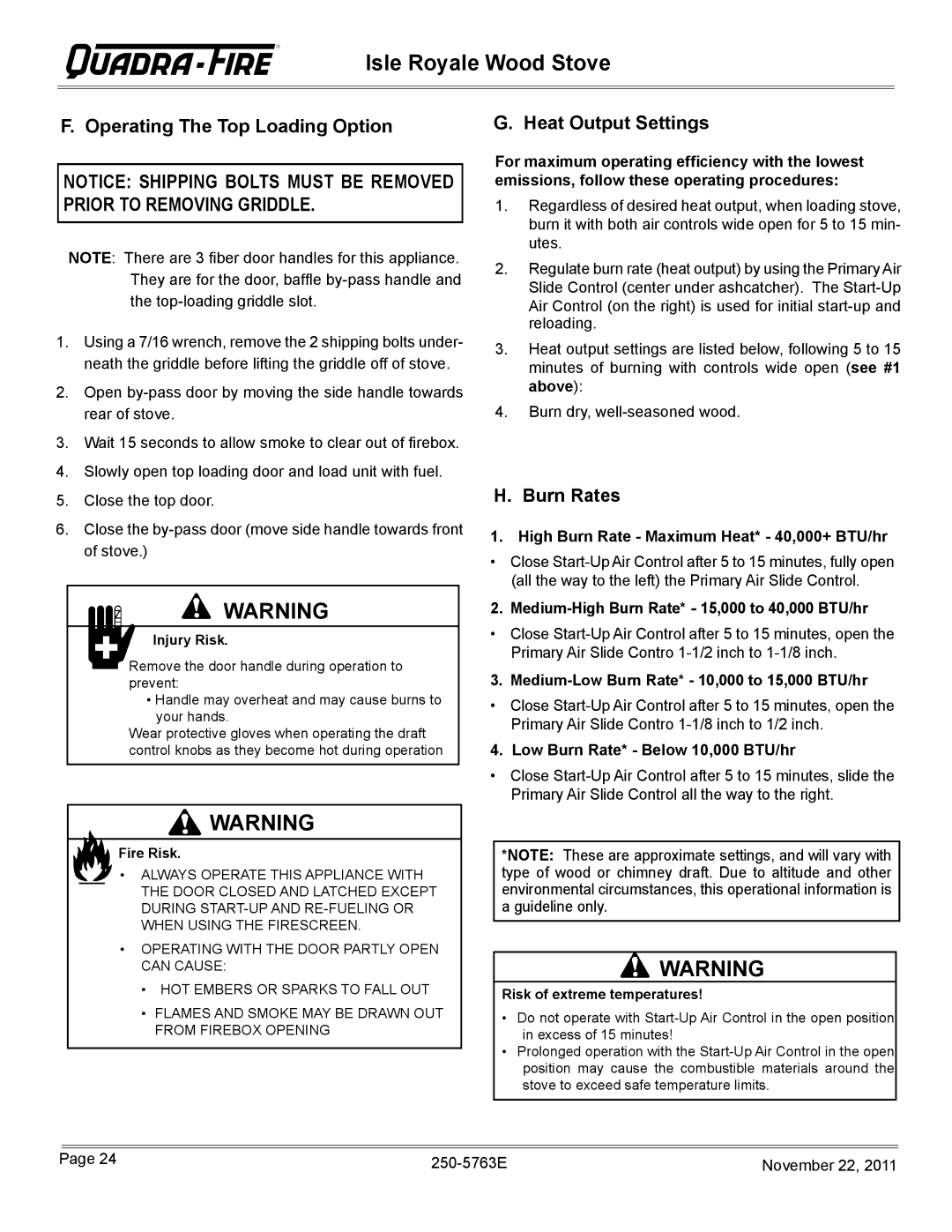 Hearth and Home Technologies 823-0170 - MBK owner manual Operating The Top Loading Option, Heat Output Settings, Burn Rates 