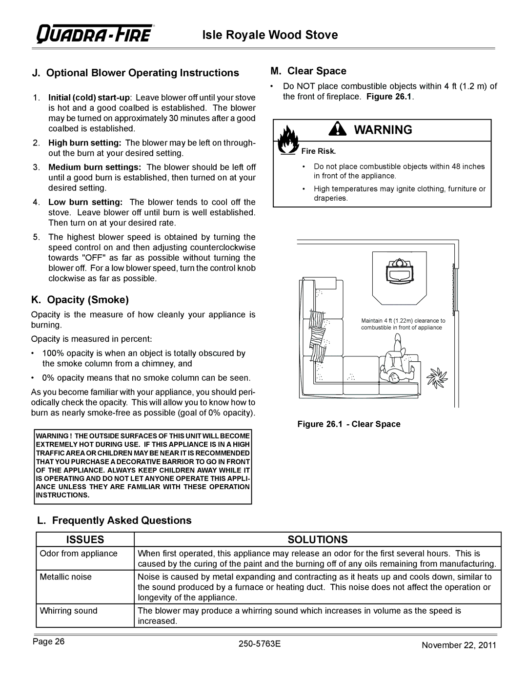 Hearth and Home Technologies 823-0170 - MBK owner manual Optional Blower Operating Instructions, Opacity Smoke, Clear Space 