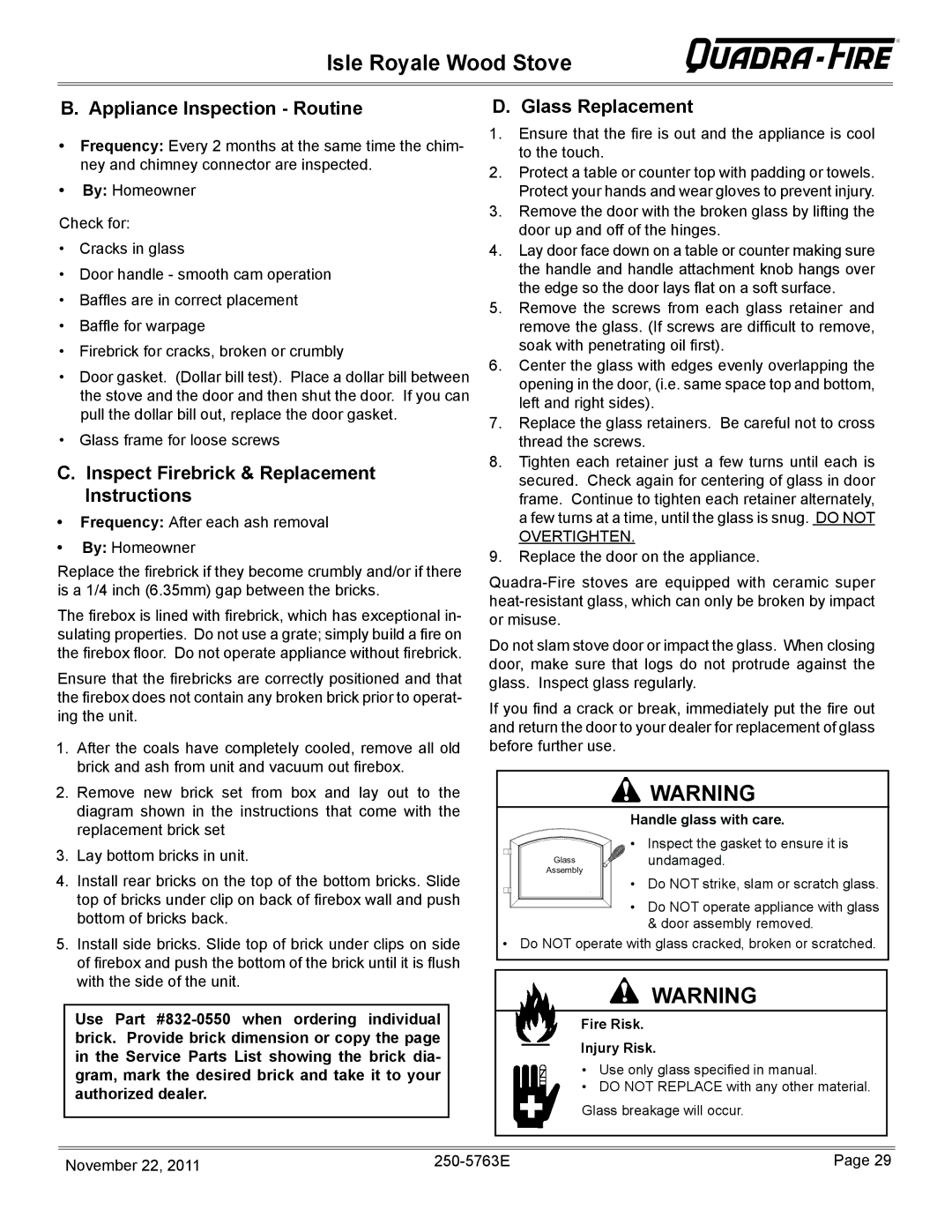 Hearth and Home Technologies 823-0170 - MBK Appliance Inspection Routine, Inspect Firebrick & Replacement Instructions 