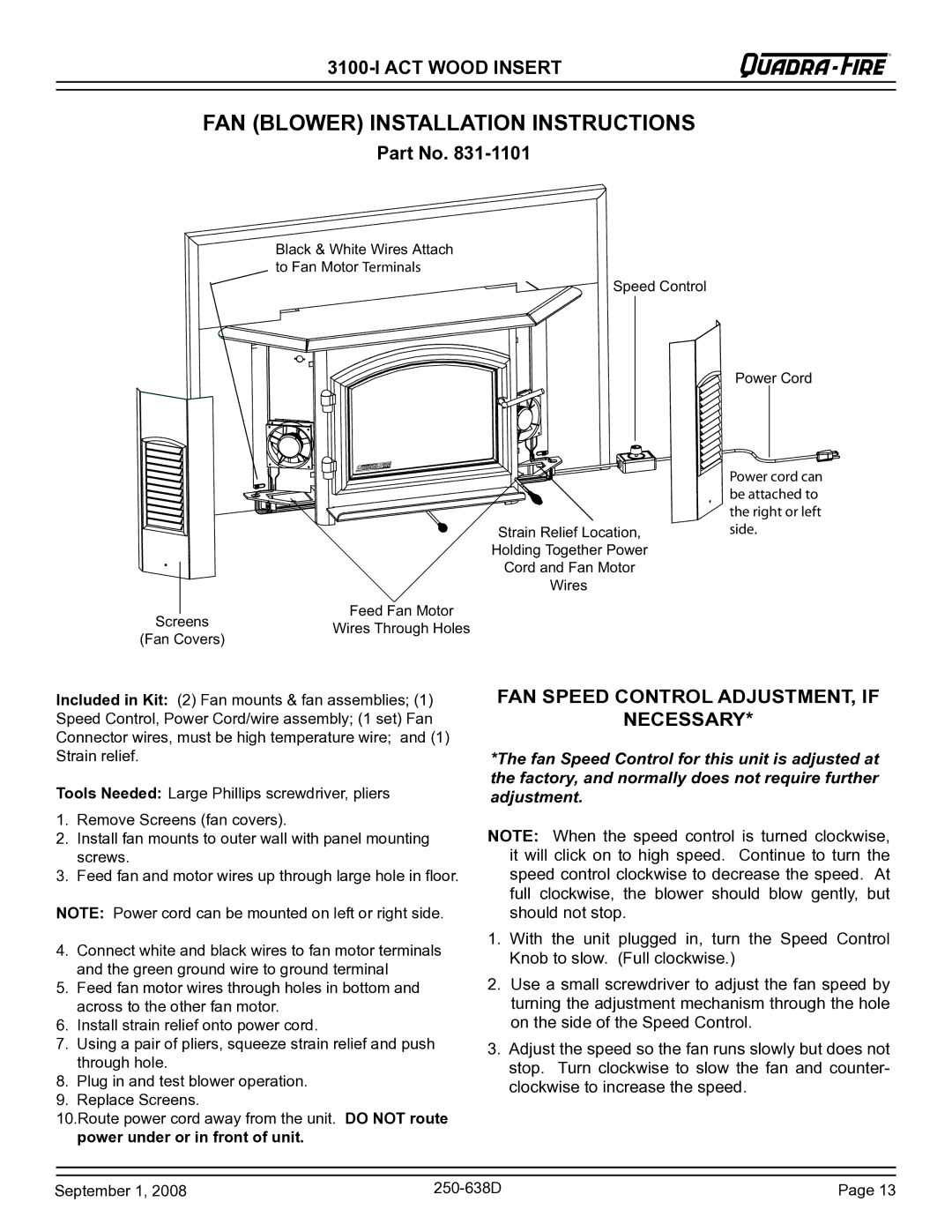 Hearth and Home Technologies 3100-I FAN Blower Installation Instructions, FAN Speed Control ADJUSTMENT, if Necessary 