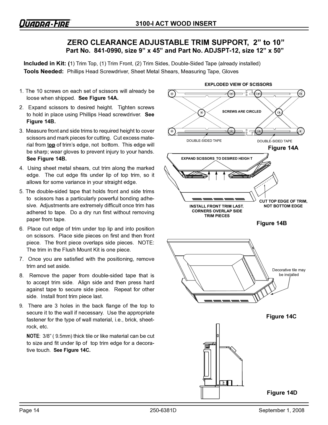 Hearth and Home Technologies 830-0381, 3100-I owner manual Zero Clearance Adjustable Trim SUPPORT, 2 to, See B 