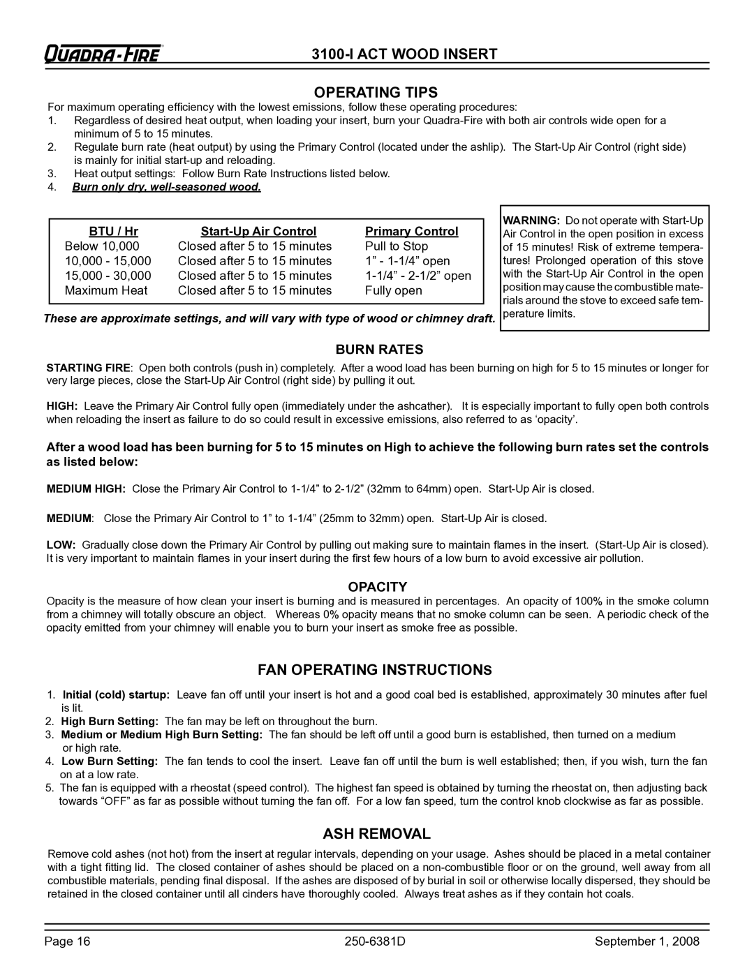 Hearth and Home Technologies 830-0381, 3100-I ACT Wood Insert Operating Tips, Fan operating instructions, ASH Removal 