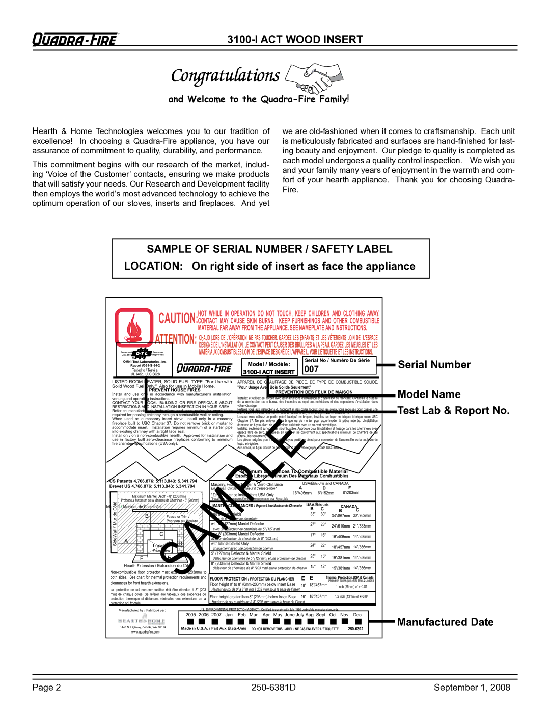 Hearth and Home Technologies 830-0381, 3100-I owner manual ACT Wood Insert, Sample of Serial Number / Safety Label 