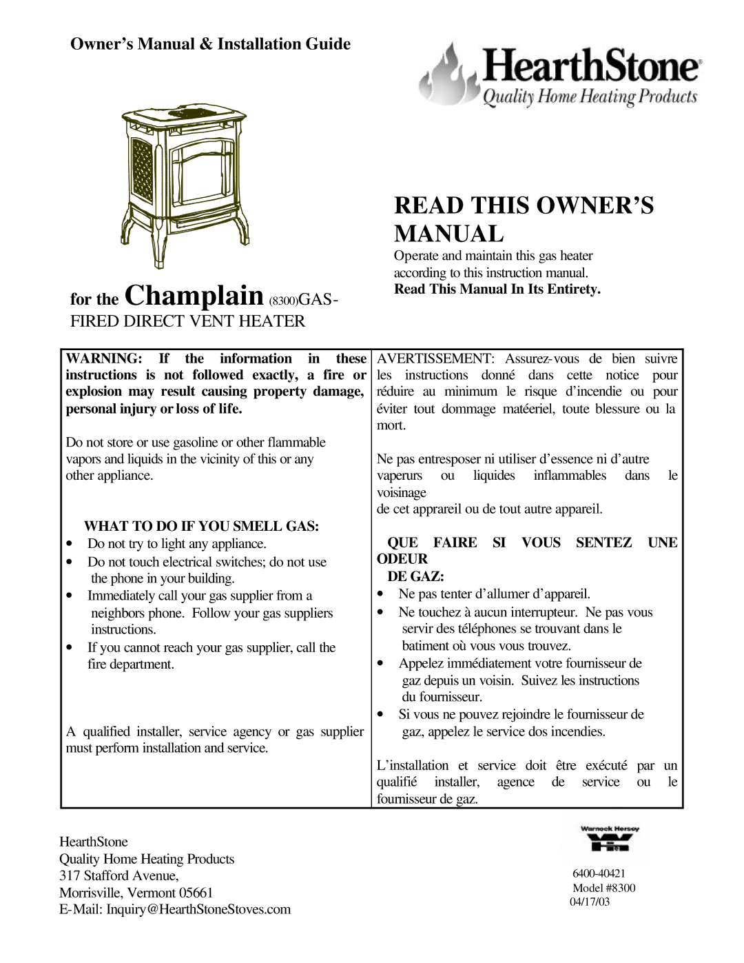 Hearth and Home Technologies 8300 owner manual What to do if YOU Smell GAS, QUE Faire SI Vous Sentez UNE Odeur DE GAZ 