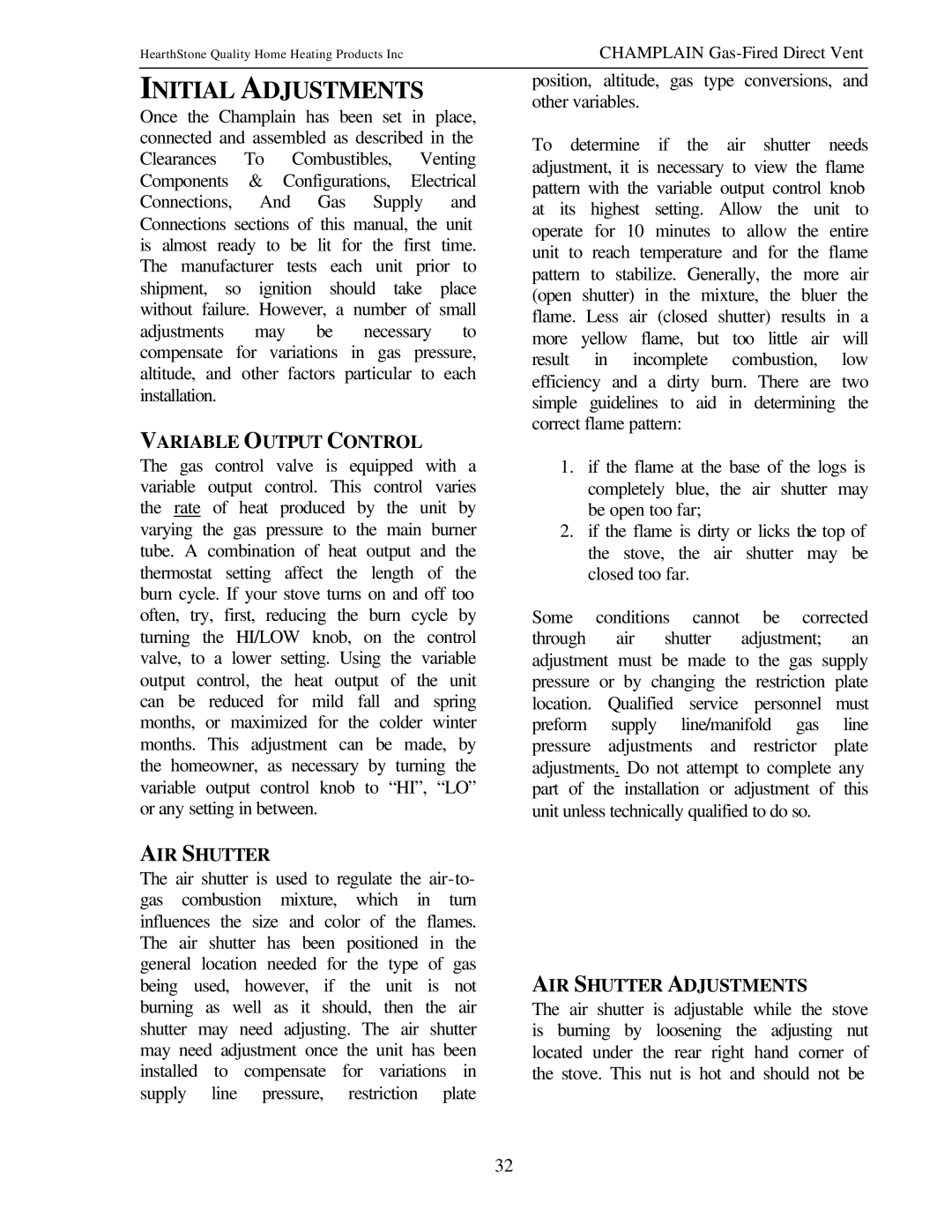 Hearth and Home Technologies 8300 owner manual Initial Adjustments, Variable Output Control, AIR Shutter Adjustments 