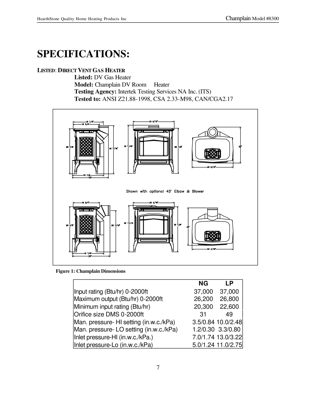 Hearth and Home Technologies 8300 owner manual Specifications 