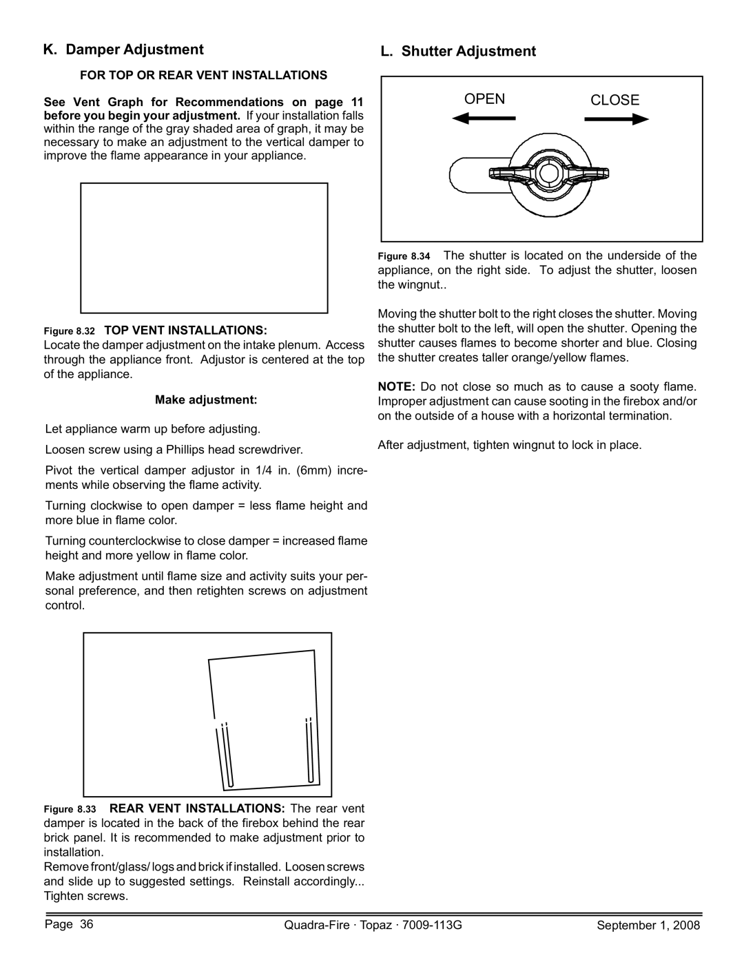 Hearth and Home Technologies 839-1340, 839-1320 Damper Adjustment, Shutter Adjustment, For TOP or Rear Vent Installations 