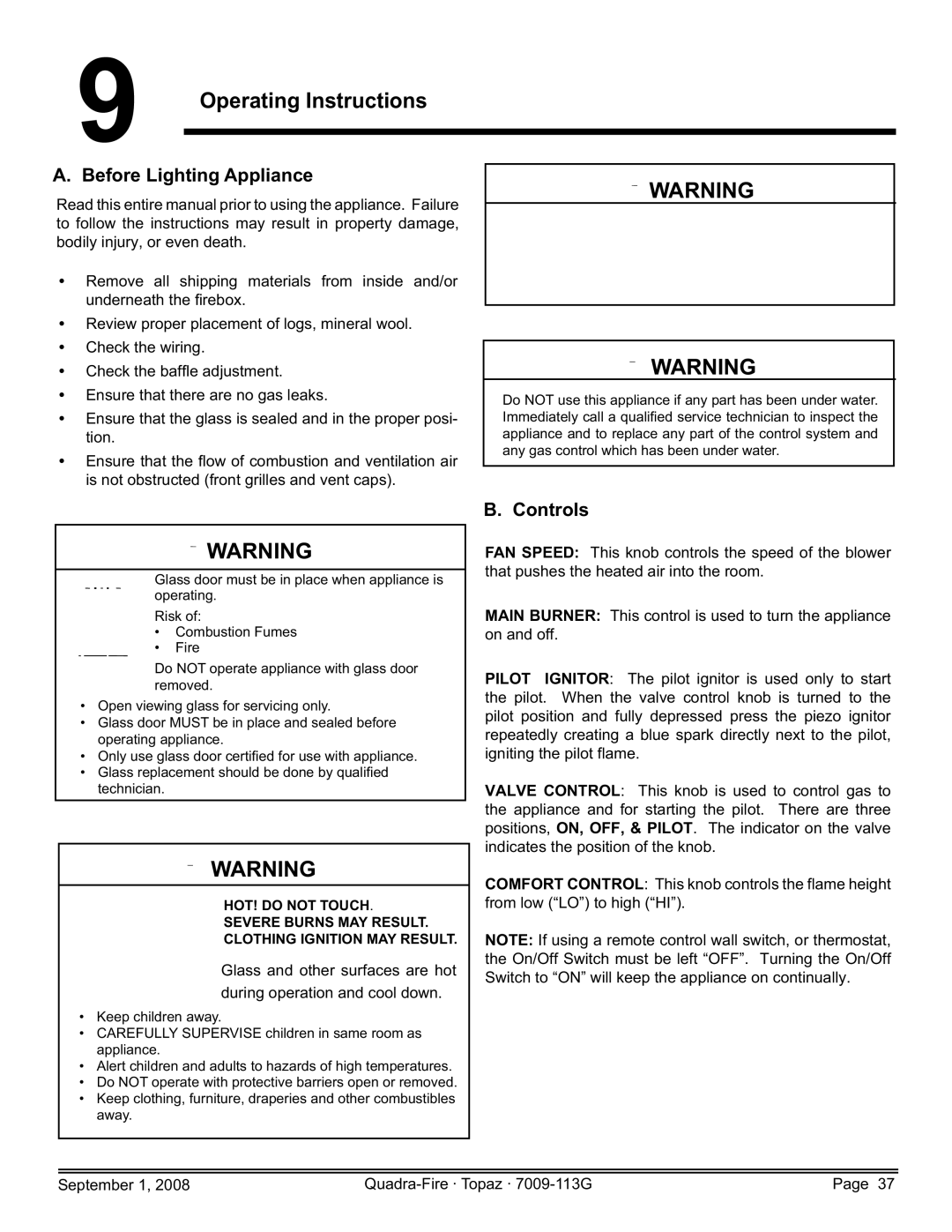 Hearth and Home Technologies 839-1320, 839-1340, 844-4120 Operating Instructions, Before Lighting Appliance, Controls 