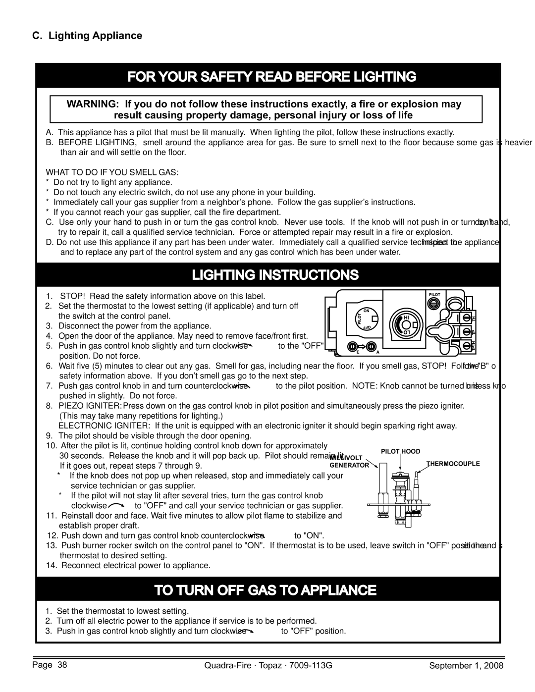 Hearth and Home Technologies 844-4120, 839-1340, 839-1320, 839-1290 For Your Safety Read Before Lighting, Lighting Appliance 