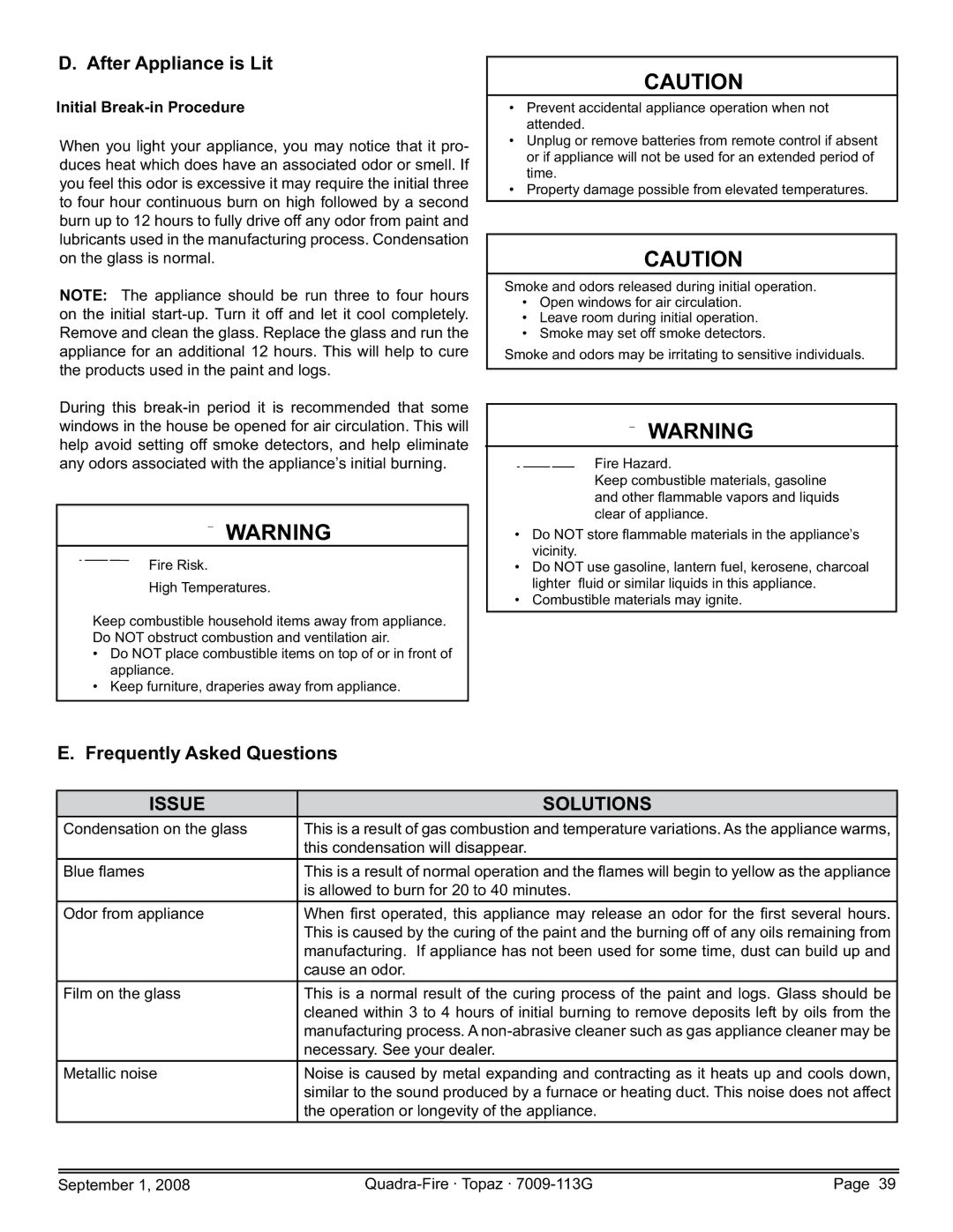 Hearth and Home Technologies 839-1290 After Appliance is Lit, Frequently Asked Questions, Initial Break-in Procedure 